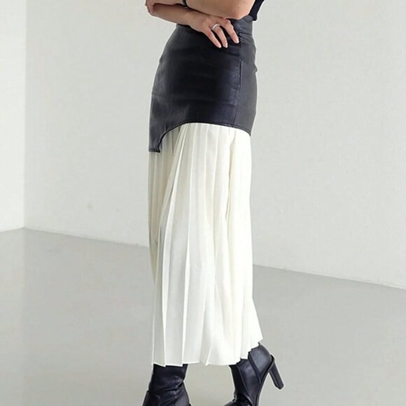 Black And White Casual Women's Faux Leather Patch Bodycon Skirt - Picture 4 of 4